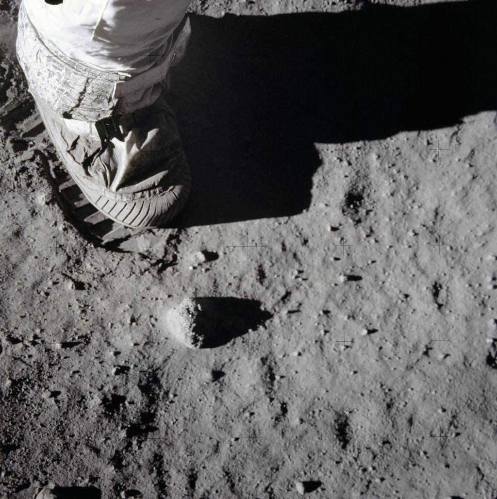 Tranquility Base — Apollo 11 image: NASA — AS11-40-5931, Buzz Aldrin bootprint in the lunar regolith, Tranquility Base, July 20, 1969. (NASA, public domain)