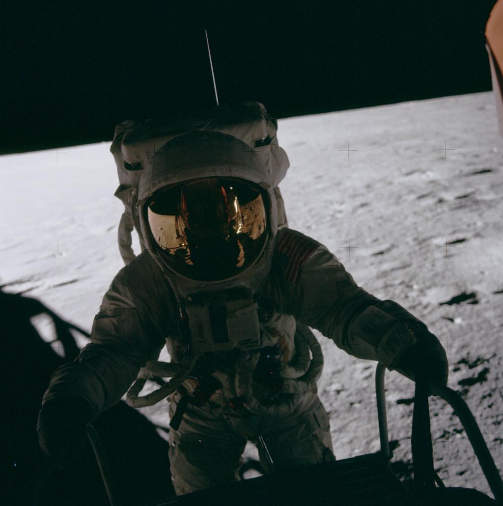 Apollo 12 photograph 2: NASA — Pete Conrad on the lunar surface near Surveyor 3, Apollo 12, November 1969. (NASA, public domain)