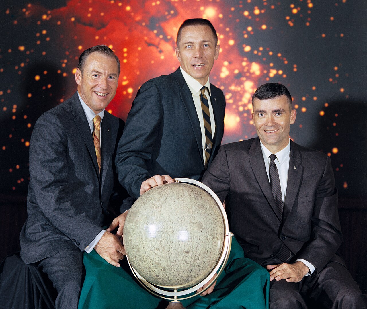 Apollo 13 photograph 2: NASA — Apollo 13 prime crew: Commander James Lovell (left), CMP Jack Swigert, LMP Fred Haise. All survived; no Moon landing occurred. (NASA, public domain)