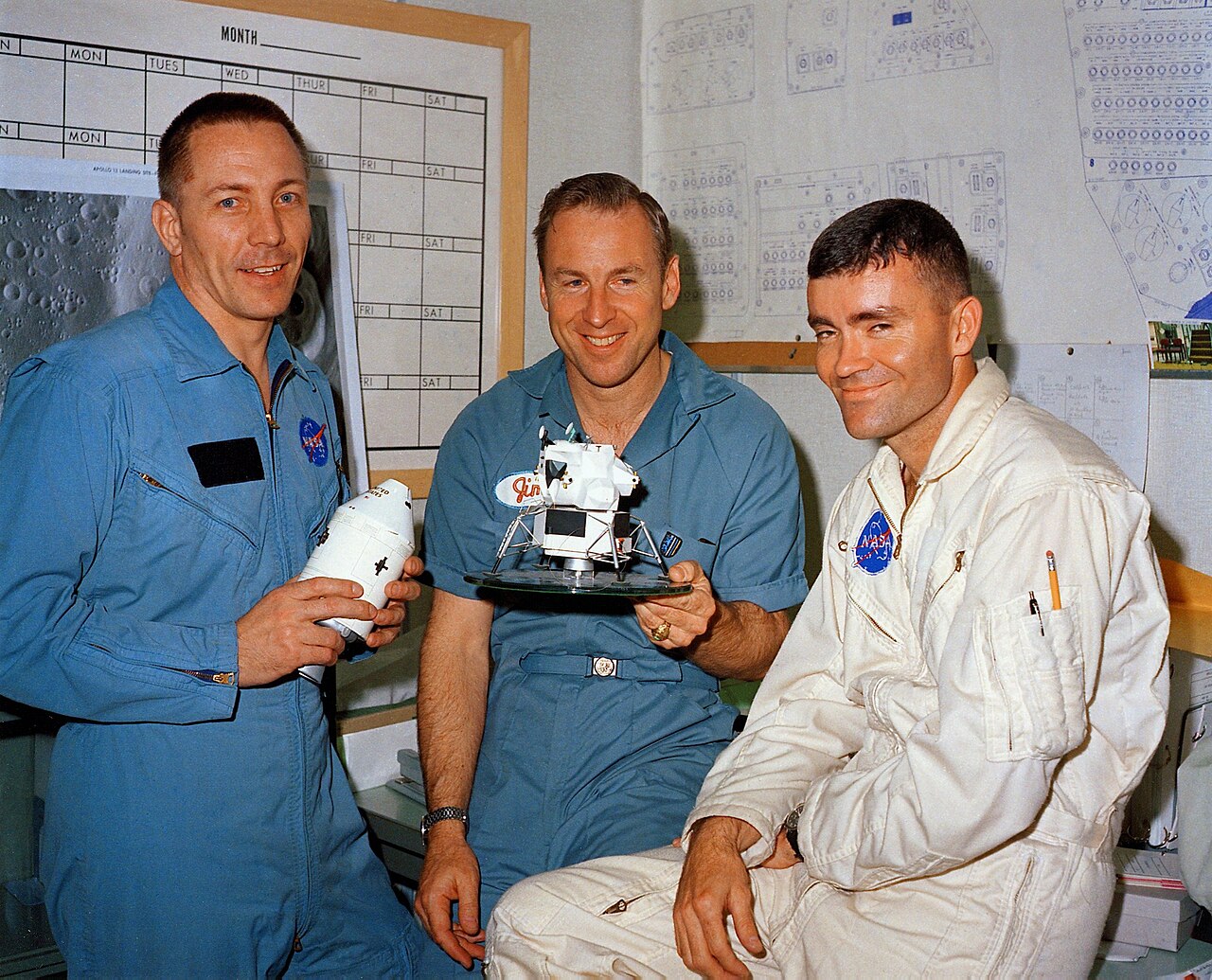 Apollo 13 photograph 3: NASA S70-34767 — Apollo 13 crew the day before launch, April 10, 1970. Mission was aborted after oxygen tank exploded April 13; crew returned safely April 17. (NASA, public domain)