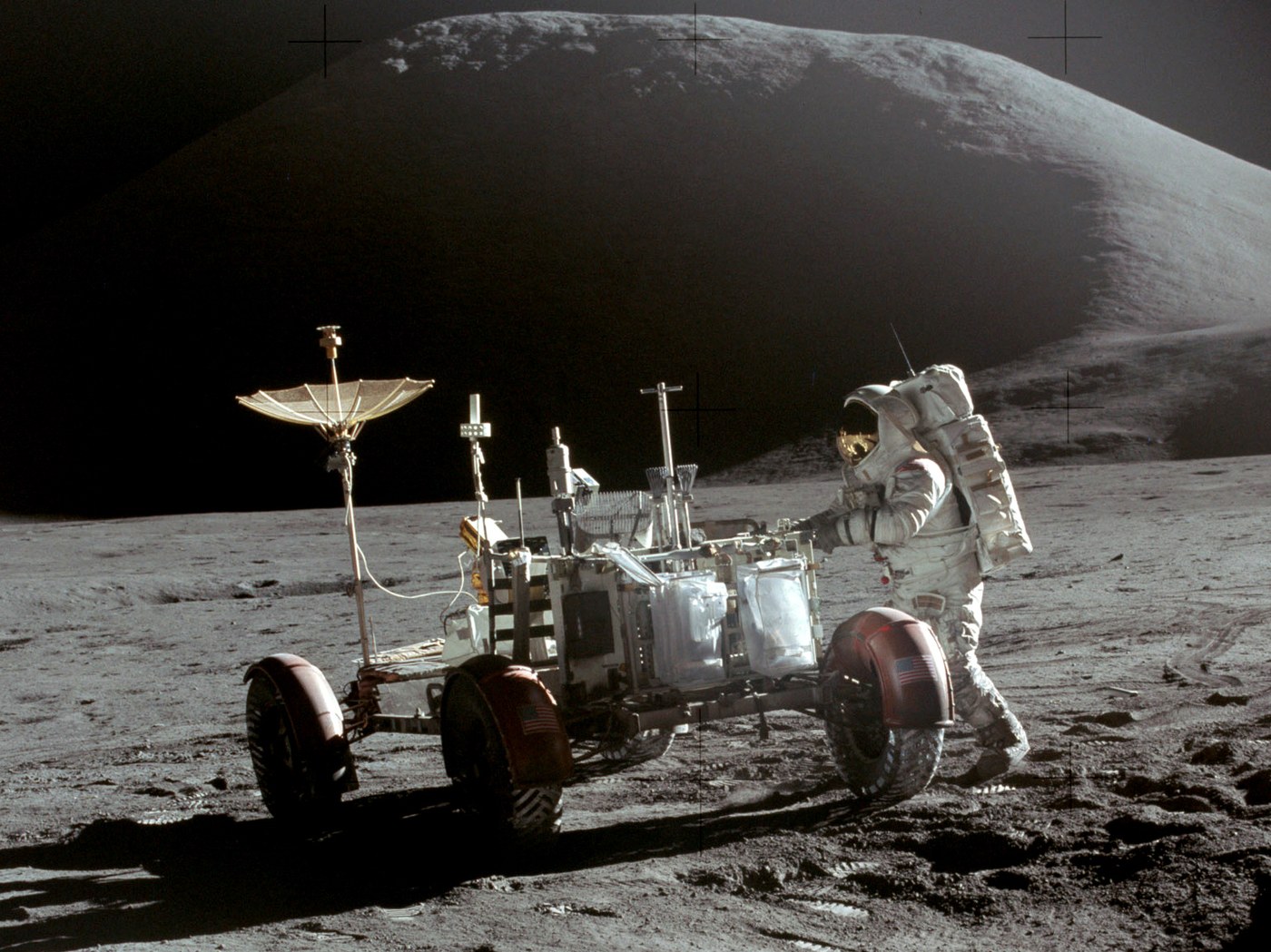 Apollo 15 photograph 2: NASA — James Irwin working near the Lunar Roving Vehicle at Hadley-Apennine, Apollo 15, July 30–August 2, 1971. (NASA, public domain)