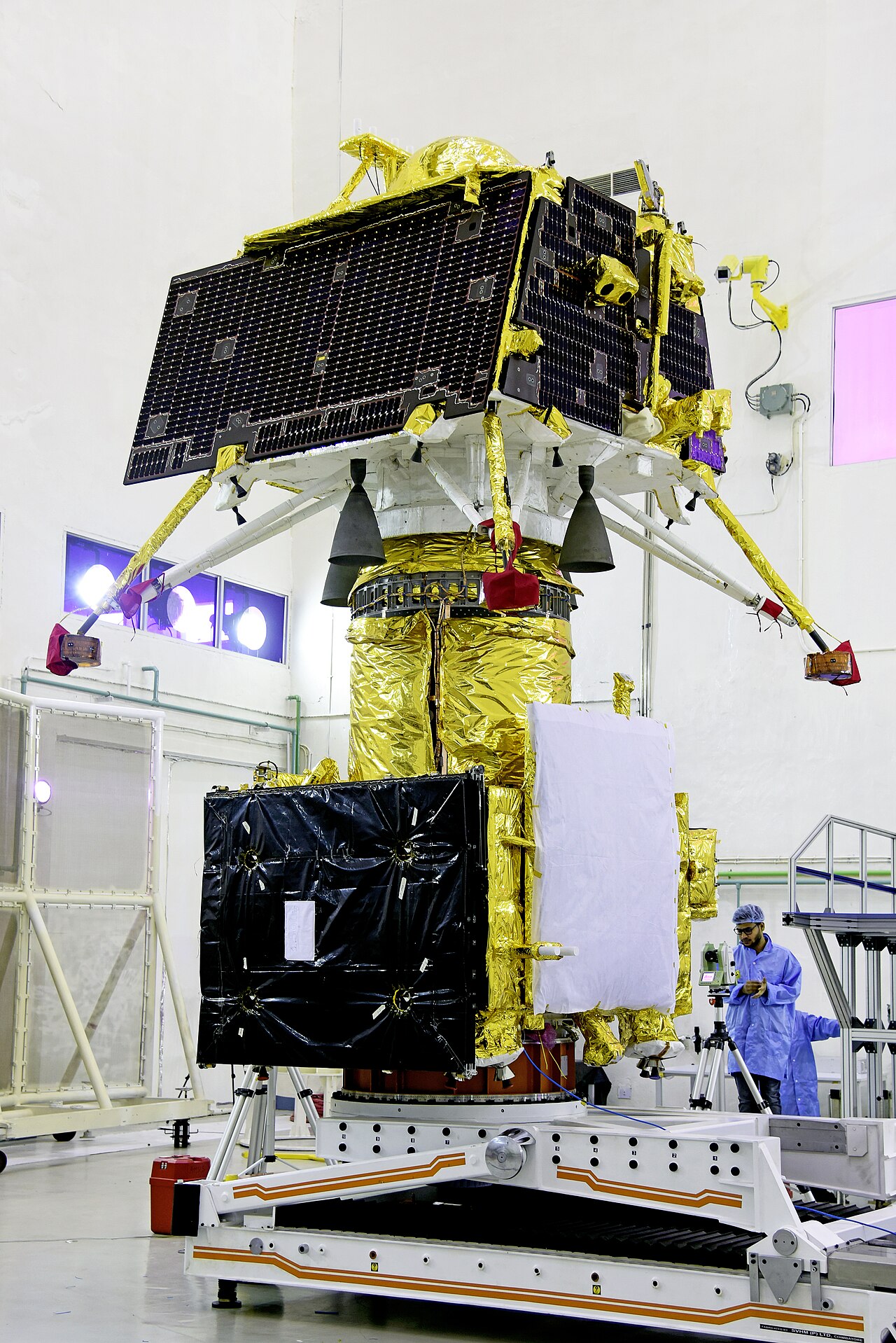Chandrayaan-2 photograph 1: ISRO — Chandrayaan-2 integrated spacecraft cleanroom photograph (ISRO / Public Domain)