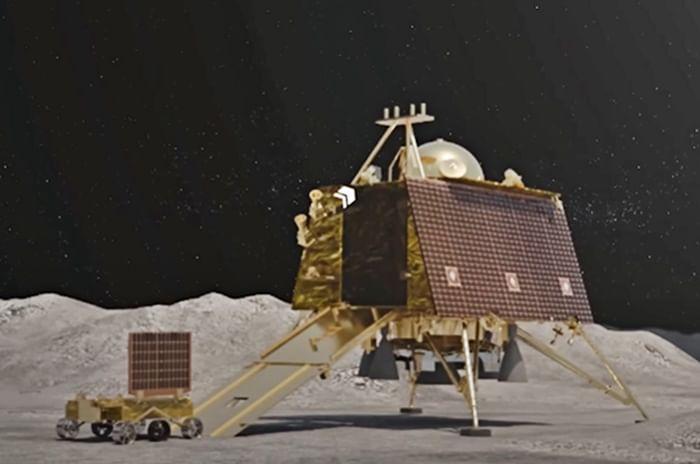 Chandrayaan-3 photograph 1: ISRO — Vikram lander footpad on the lunar surface at Shiv Shakti Point, near the lunar south pole, August 23, 2023. (ISRO, public domain)