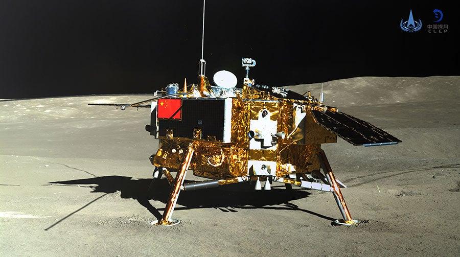 Chang'e 4 photograph 1: CNSA — Chang'e 4 lander on the far side of the Moon in Von Kármán crater, January 2019. First ever far-side landing. (CNSA, public domain)