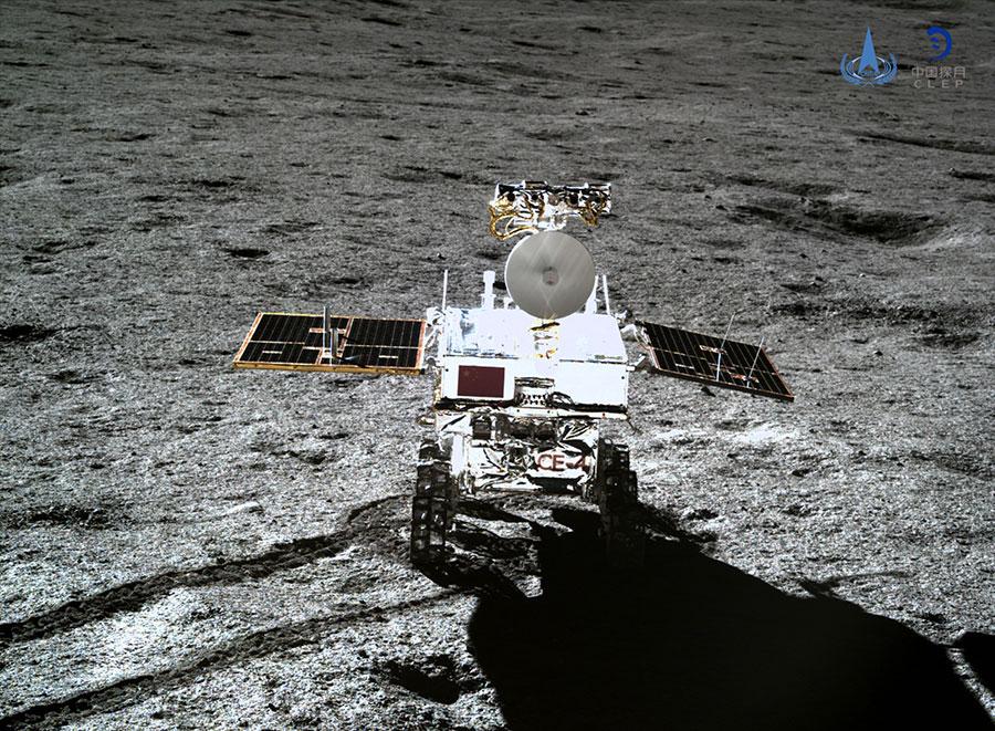 Chang'e 4 photograph 2: CNSA — Yutu-2 rover on the far side of the Moon, January 2019. Taken by the Chang'e 4 lander camera. (CNSA, public domain)