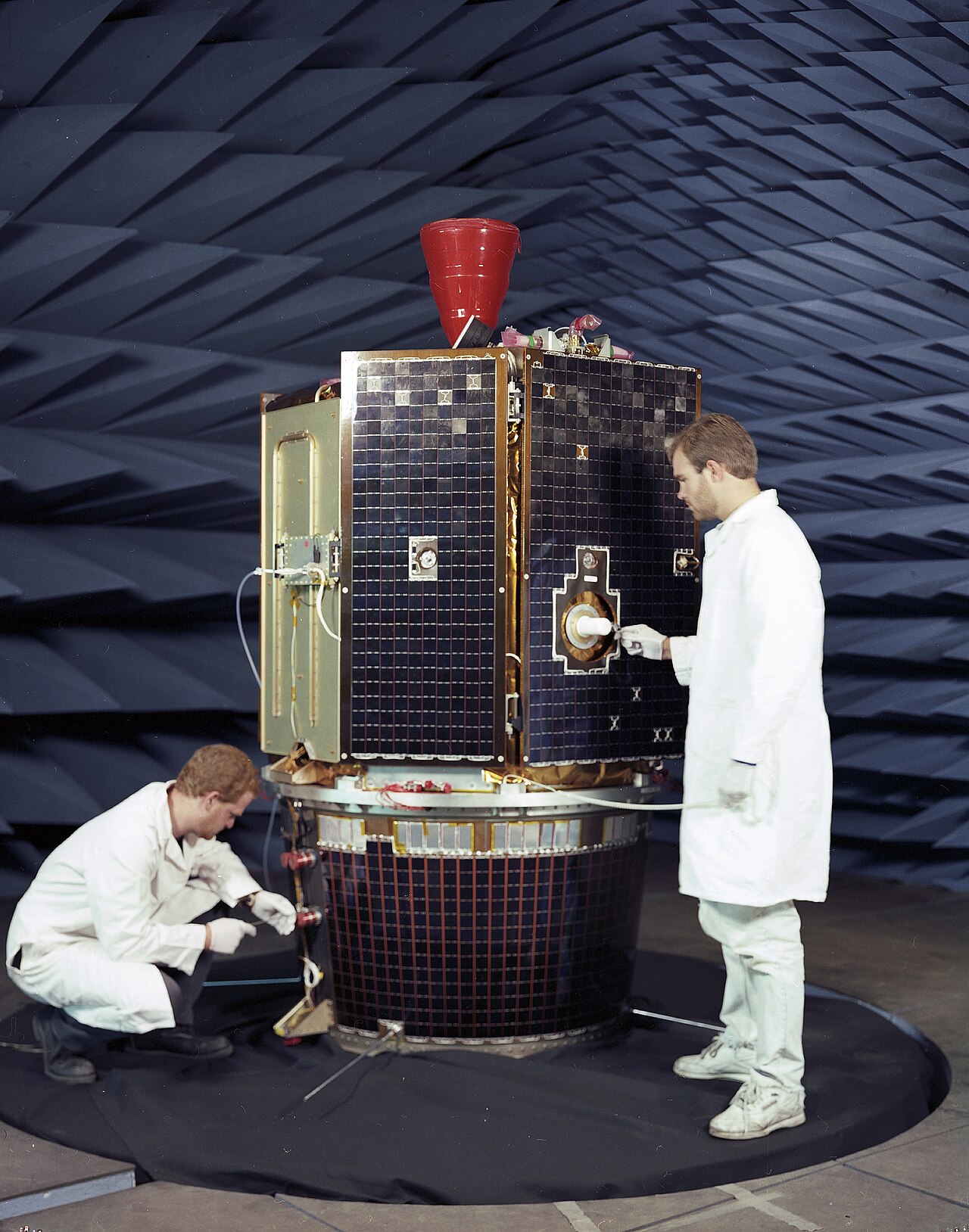 Clementine (DSPSE) photograph 1: BMDO / NASA / NRL — Clementine spacecraft undergoing integration and test (NASA / Public Domain)