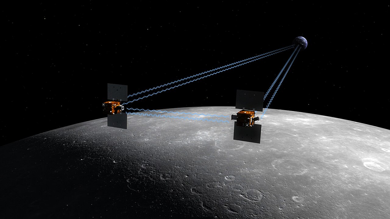 GRAIL (Ebb & Flow) photograph 1: NASA / JPL-Caltech — GRAIL twin spacecraft (Ebb and Flow) mapping lunar gravity field (NASA / Public Domain)