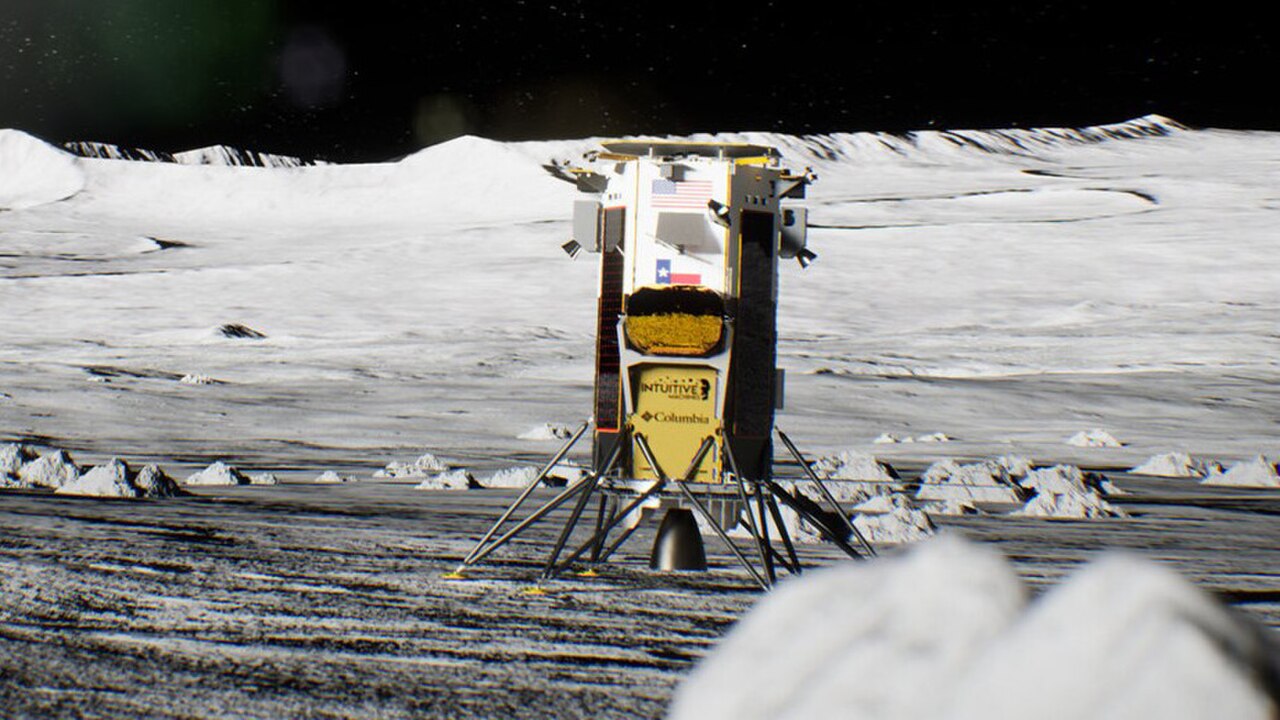 Near Malapert A Crater (South Polar Region) — IM-1 Odysseus image: NASA / Intuitive Machines — IM-1 Odysseus Nova-C lander (SVS14529). First US commercial soft landing on the Moon, February 22, 2024, near Malapert A crater, lunar south polar region. Lander tipped on its side after touchdown but returned data. (NASA, public domain)