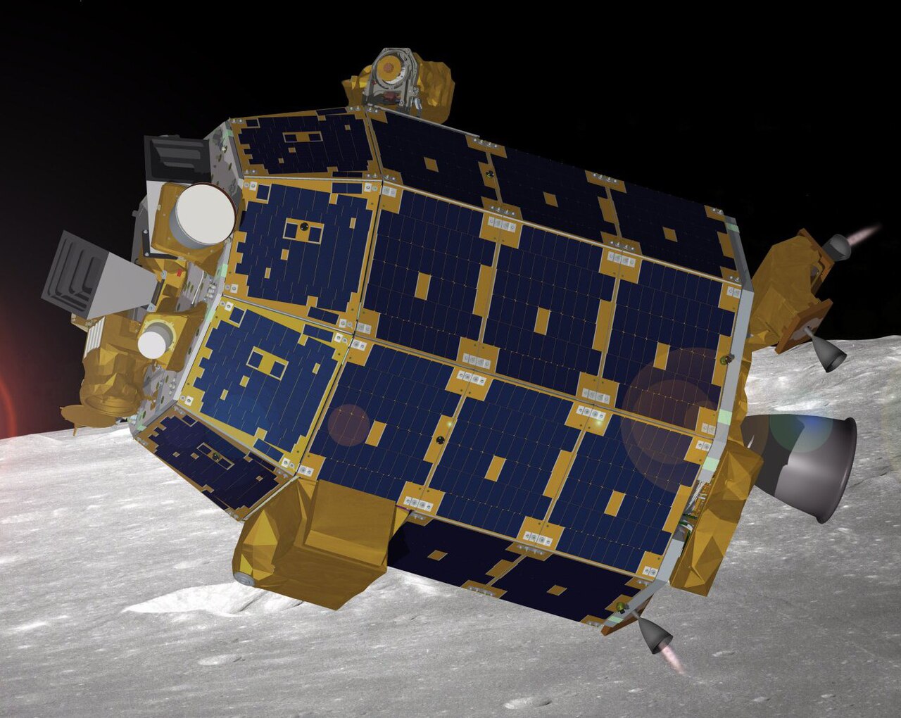 LADEE photograph 1: NASA / Ames Research Center — LADEE spacecraft in lunar orbit (NASA / Public Domain)