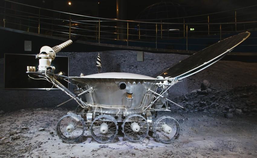 Luna 17 / Lunokhod 1 Site (Mare Imbrium) — Luna 17 image: Soviet Space Program — Lunokhod 1 model showing rover design including solar panel lid and eight wheels. (Public domain)