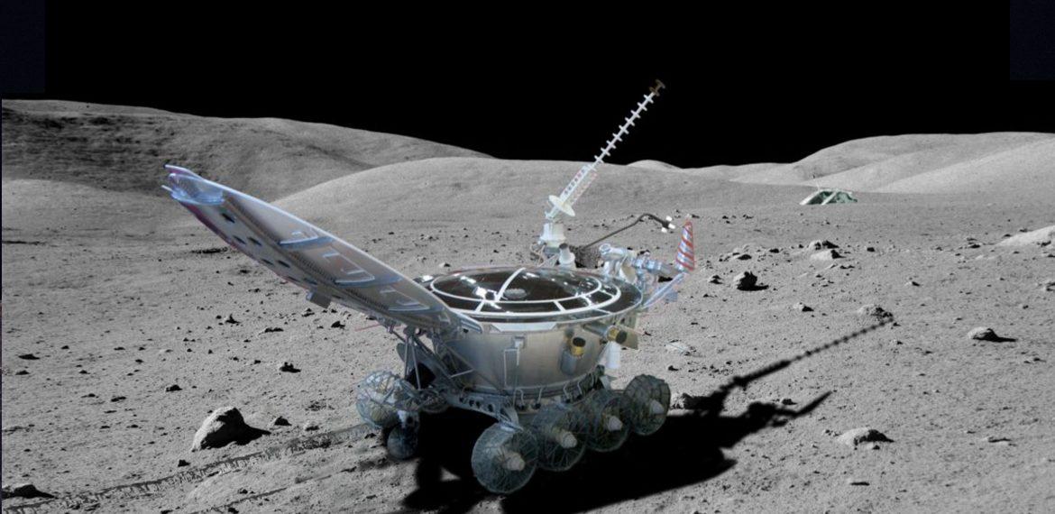 Luna 21 photograph 1: Soviet Space Program — Lunokhod 2 rover on the lunar surface in Le Monnier crater, 1973. (Public domain / Soviet Space Program)