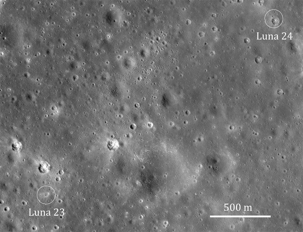Luna 24 photograph 3: Wikimedia Commons — Luna 24 mission photograph from the lunar surface in Mare Crisium, August 1976. (Public domain)