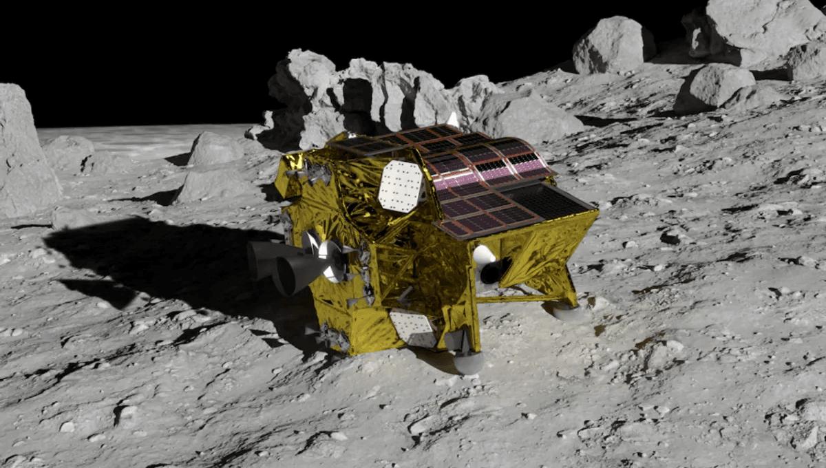 SLIM photograph 1: JAXA — SLIM lander on the lunar surface near Shioli crater, Mare Nectaris, January 19, 2024. The lander came to rest inverted due to main engine failure but still operated. (JAXA, public domain)