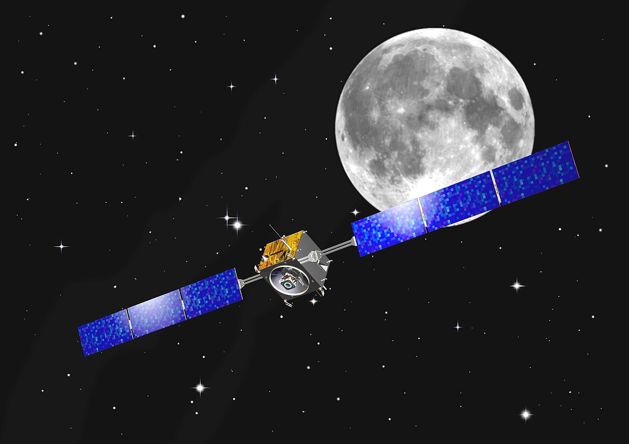 SMART-1 photograph 1: ESA — SMART-1 spacecraft in orbit around the Moon artist concept (ESA / Public Domain) — CONCEPT ART